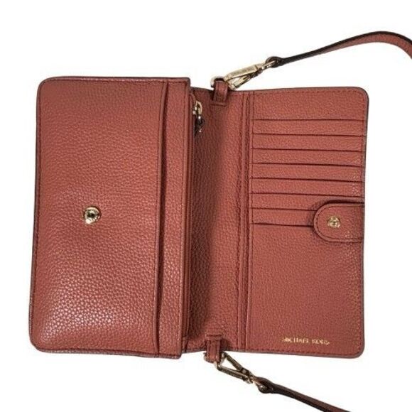 Michael Kors Mott Phone Wallet Crossbody Bag Sunset Peach Pink Pebble Leather - Picture 16 of 16